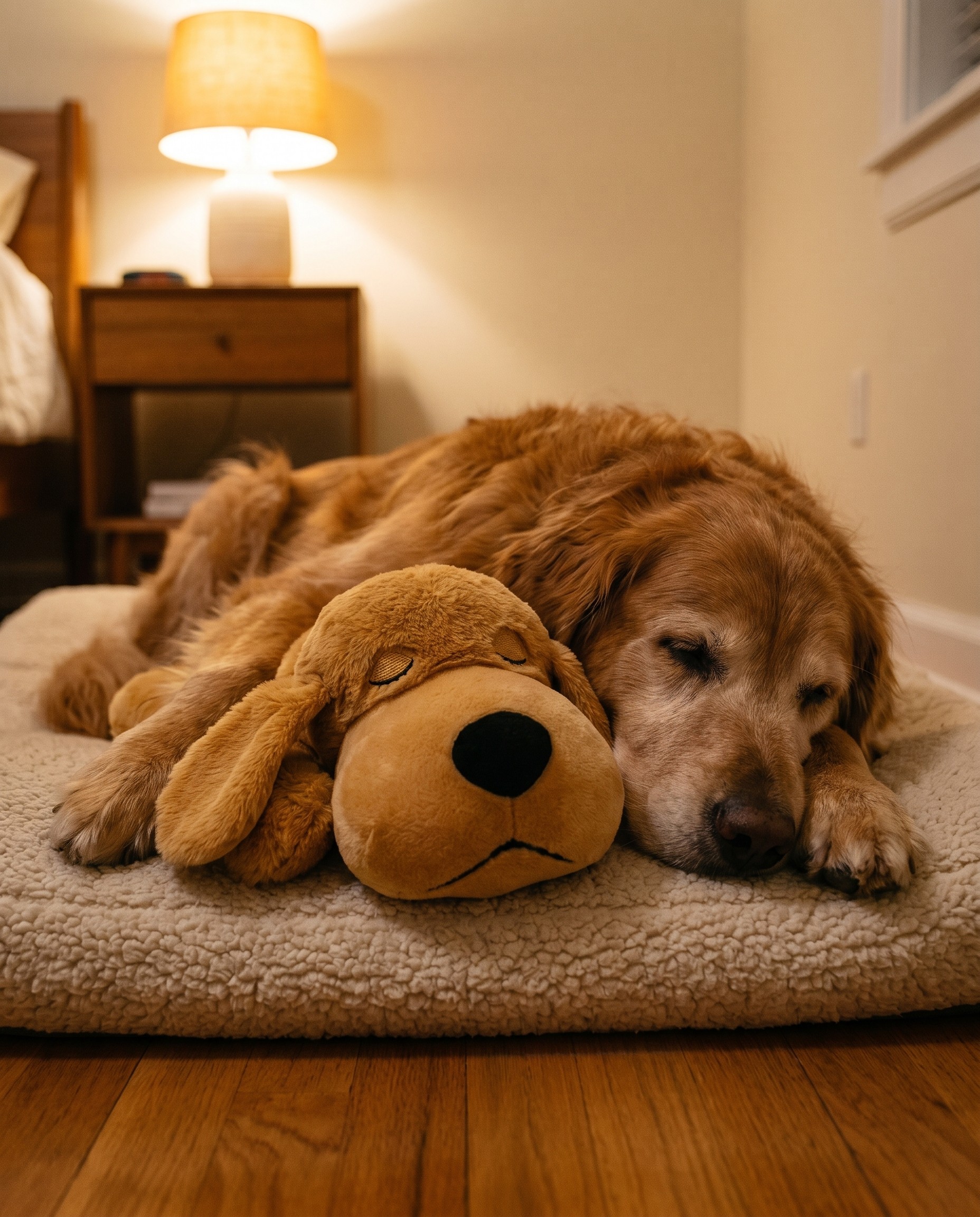 A dog resting peacefully with the plush at night